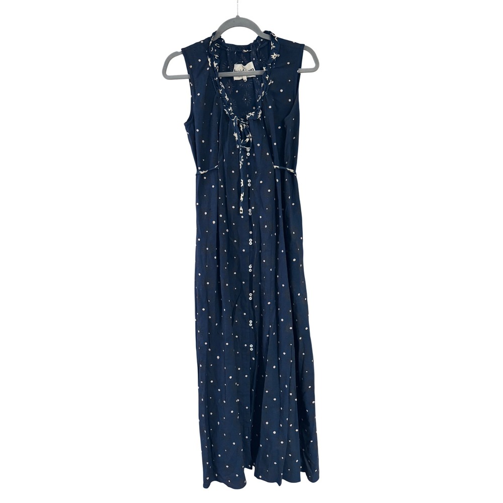 Heirloom Navy Blue Polka Dot Floral Sleeveless Maxi Dress with Tie Neck